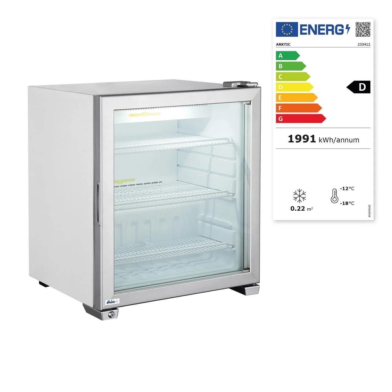 Dulap frigorific congelare cu usa din sticla, 230 W, corp inox, ARKTIC by Hendi,620x593x(h)680 mm, Clasa energetica D