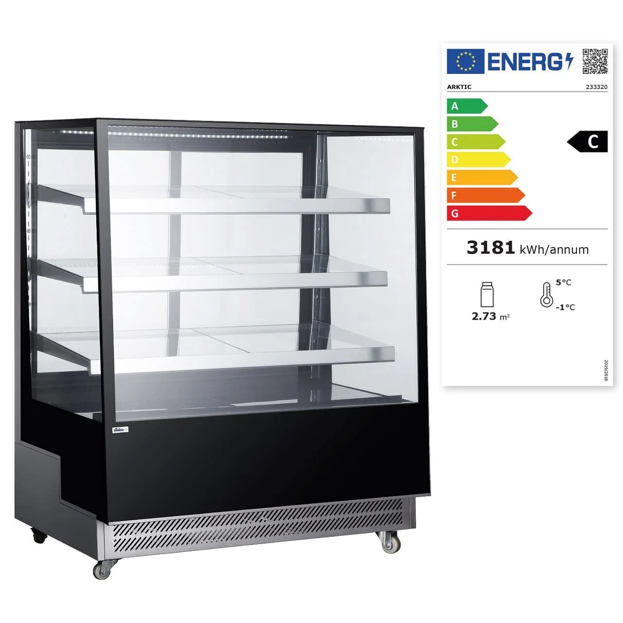 Vitrina frigorifica de prezentare interval temp. 2/6?C, 490 W corp inox, ARKTIC by Hendi, 1200x805x(H)1445 mm, 650 Litri, Clasa energetica C