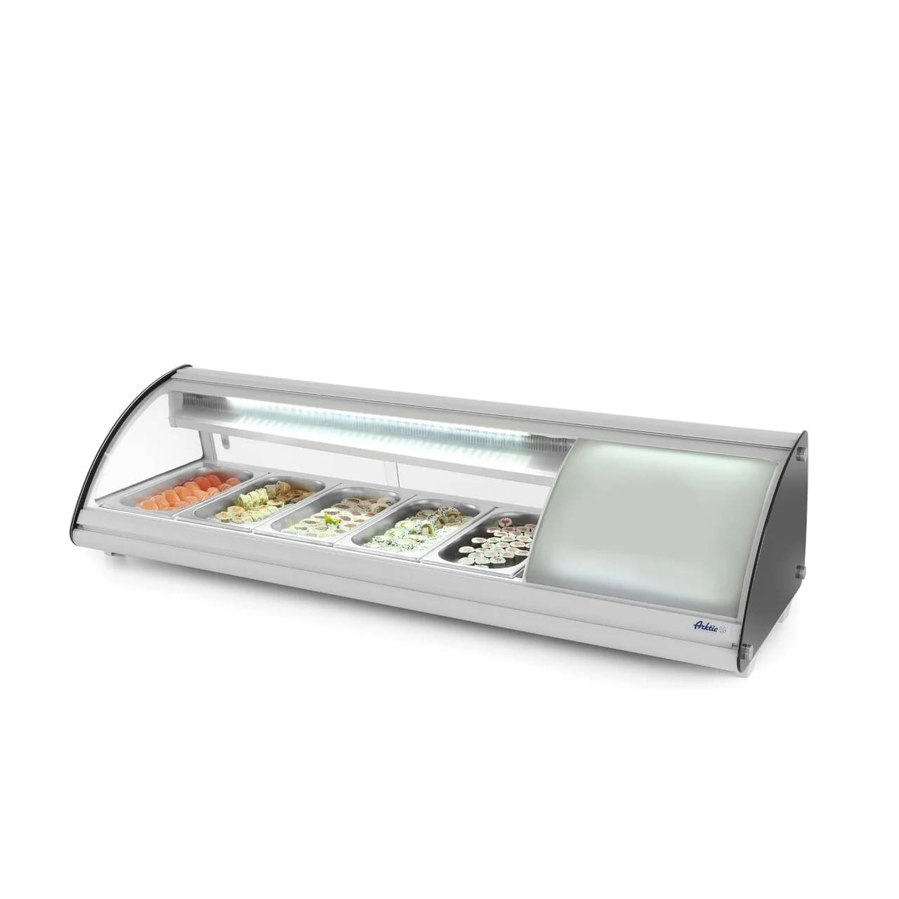 Vitrina sushi, 63 lt, pt 5 tavi GN1/3, interval temp 0-6 gr C, 160 W, geamuri glisante, corp inox, ARKTIC by Hendi, 1307x450x(H)330 mm