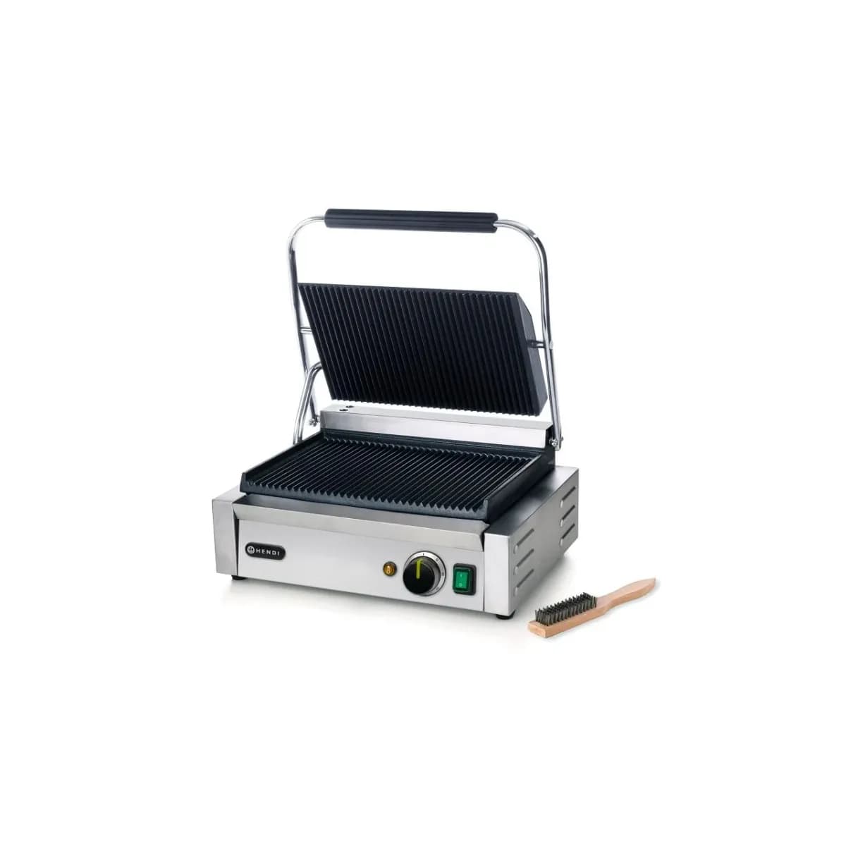 Grill Panini Profesional Hendi-Ambele Plăci Striate, Fontă Ceramică, 2200W, Suprafață 340x230 mm