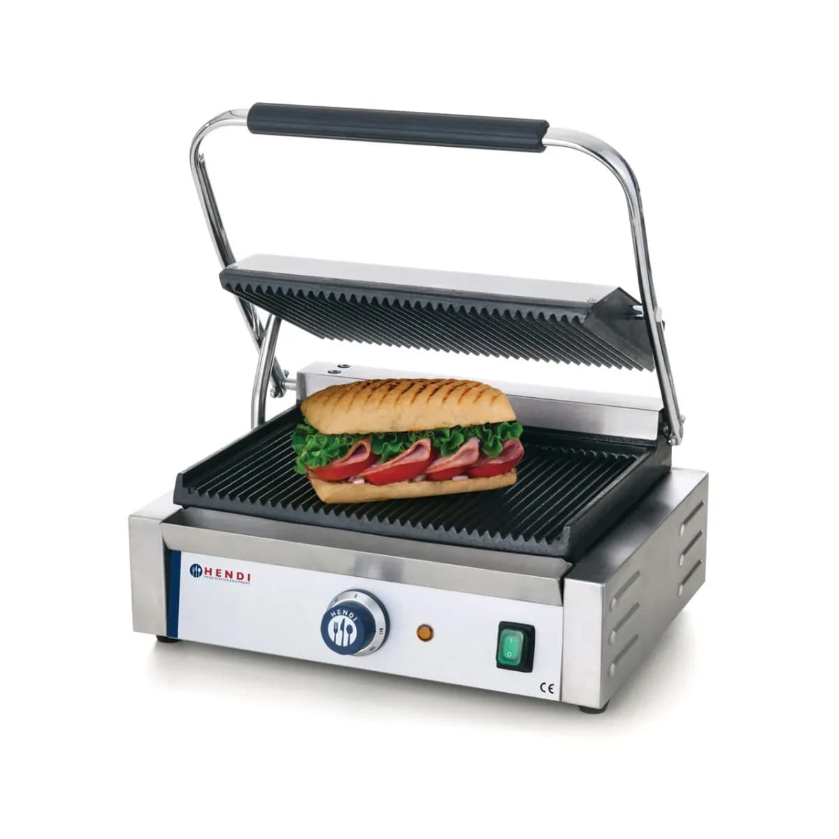 Grill Panini Profesional Hendi-Ambele Plăci Striate, Fontă Ceramică, 2200W, Suprafață 340x230 mm