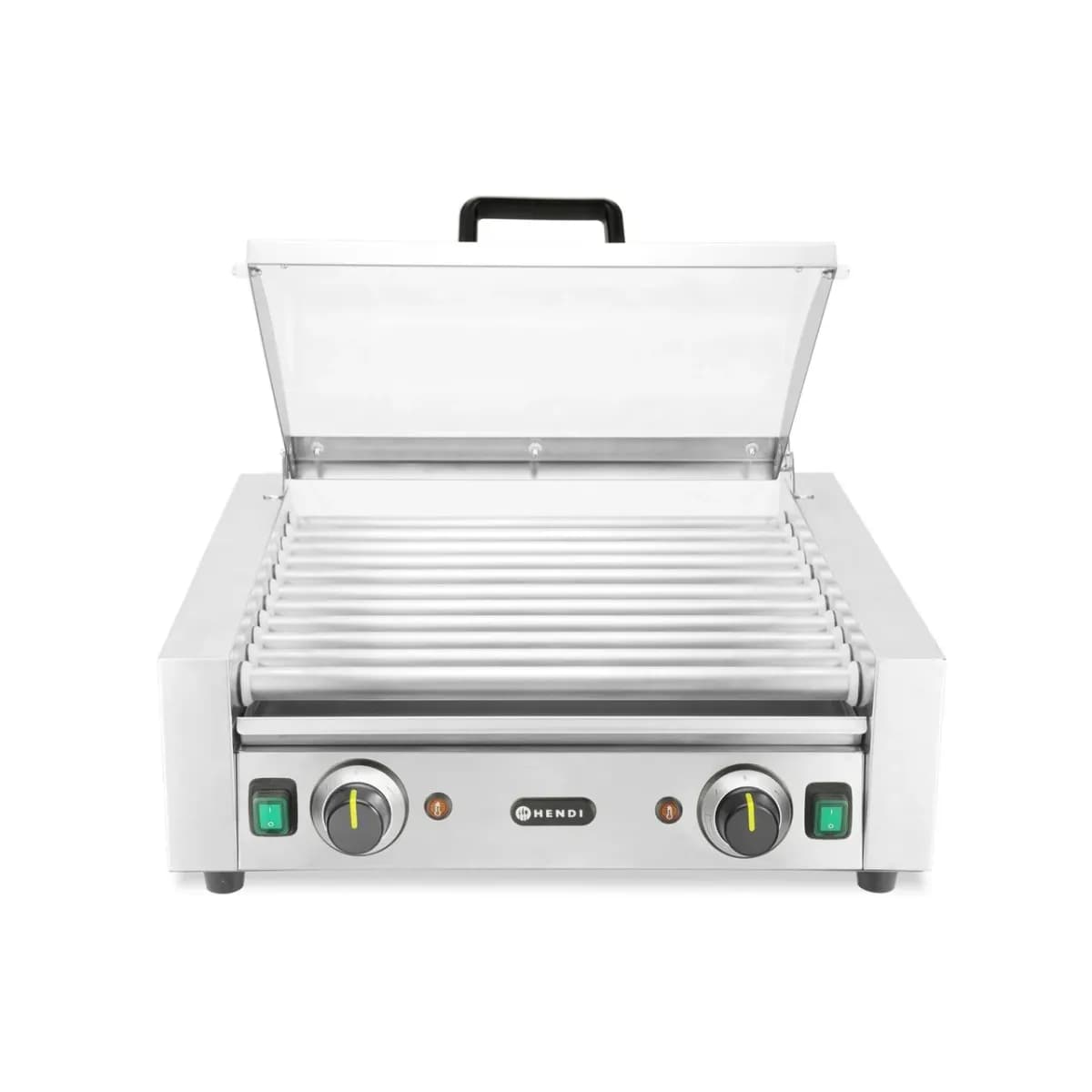 Grill Rolă Cârnați Hendi cu Capac Sticlă-11 Role Anti-aderente, 980W, 566x527x(H)259 mm