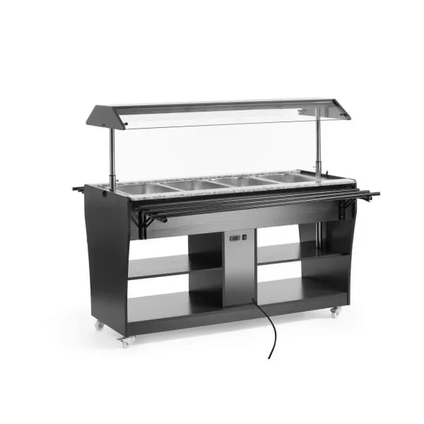Bufet cu Încălzire Hendi GN 1/1-Inox + Placaj Negru, 4x GN 1/1 Incluse, Baldachin Iluminat, 2000W, 1490x765x(H)1370mm