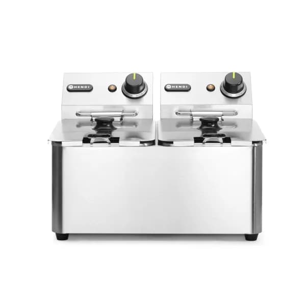 Friteuză Electrică Dublă Hendi Blue Line-2x4 Litri, 2x3000W, Zonă Rece, Inox