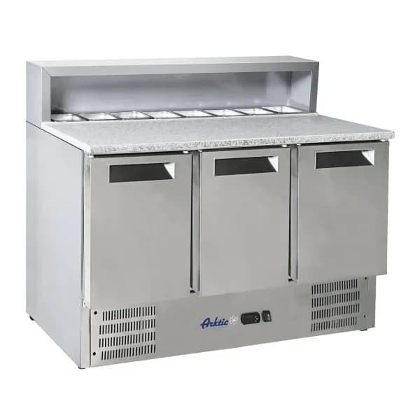 Masa rece cu 3 usi cu suprastructura si blat de lucru din granit Arktic 1365x700x(H)1070mm