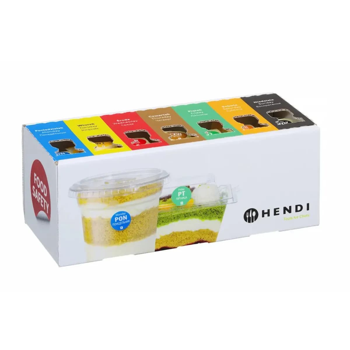 Set de etichete zilnice reutilizabile pentru siguranta alimentelor pentru fiecare zi a saptamanii cu distribuitor, HENDI, 240x80x(H)100mm RO - BG - EN